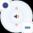 The image shows a speaker icon linked to GDPR and ISO logos, with lock symbols emphasizing secure, compliant audio data handling under these standards.